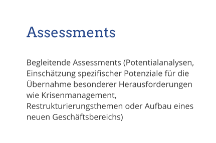 Assessments Begleitende Assessments (Potentialanalysen, Einschätzung spezifischer Potenziale für die Übernahme besonderer Herausforderungen wie Krisenmanagement, Restrukturierungsthemen oder Aufbau eines neuen Geschäftsbereichs)